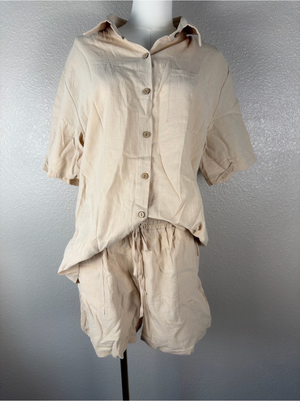 NWT Beige Summer Cotton Linen Short Sets 2 Piece Shorts Top Lounge Beach, L - Picture 4 of 9